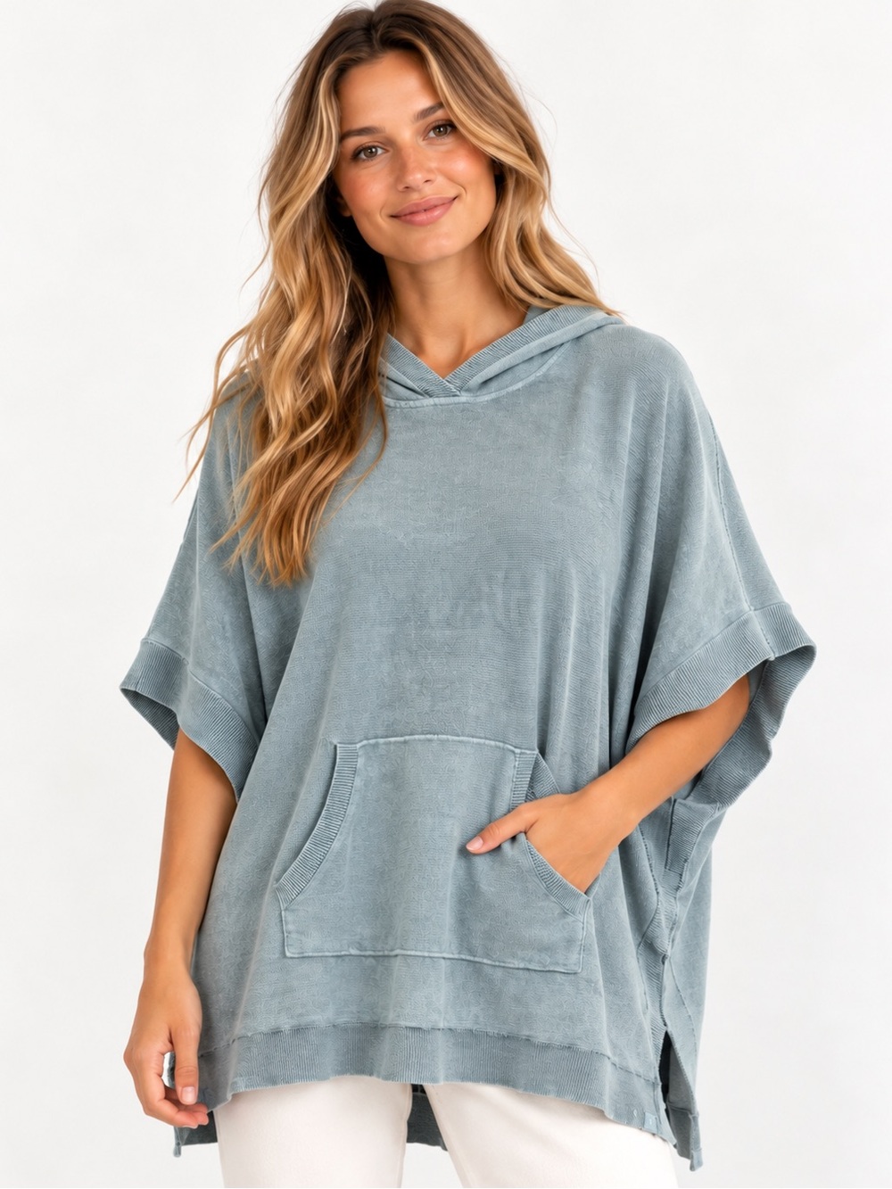 Barefoot Dreams Sunbleached Poncho Denim Wash Hooded Cotton One Size
